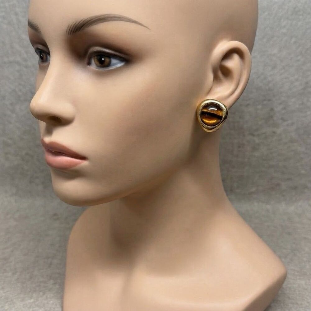 Signed Carlisle Gold-Tone Amber Glass Cabochon Clip-On Earrings